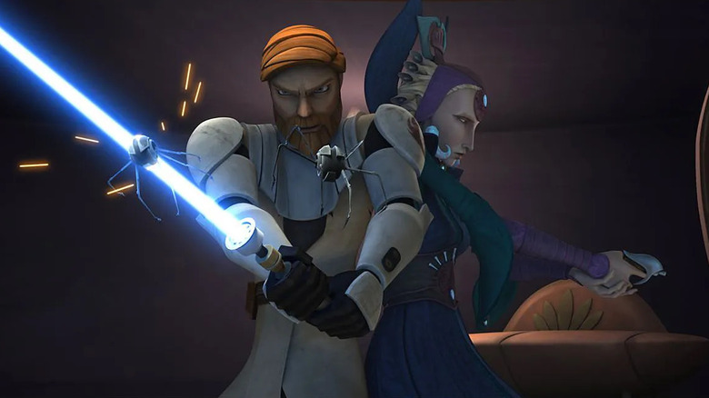 Obi-Wan stands back to back with Satine in The Clone Wars