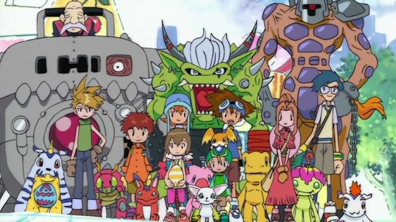 The Digi-destined and their Digimon friends pose for a photo in Digimon Adventure