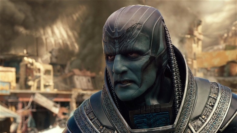 Oscar Isaac as Apocalypse in front of smoke