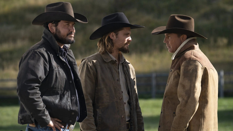 John Dutton (Kevin Costner), Rip Wheeler (Cole Hauser) and Kayce Dutton (Luke Grimes) in "Yellowstone"  