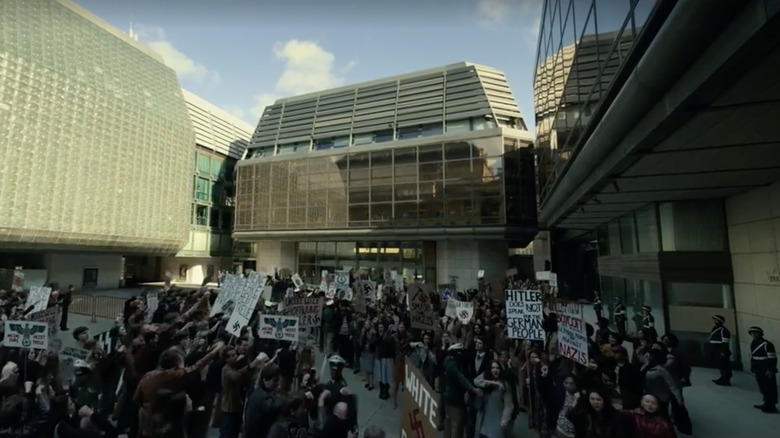 Outside the court house for the trial of Adolf Hitler in Hunters s2 e8