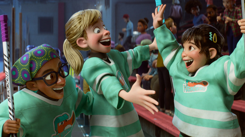 Riley and her friends after winning the hockey game in Inside Out 2