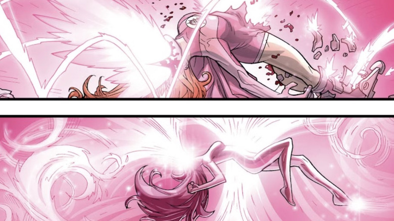 Atom Eve resurrecting herself in a flash of pink light on Invincible