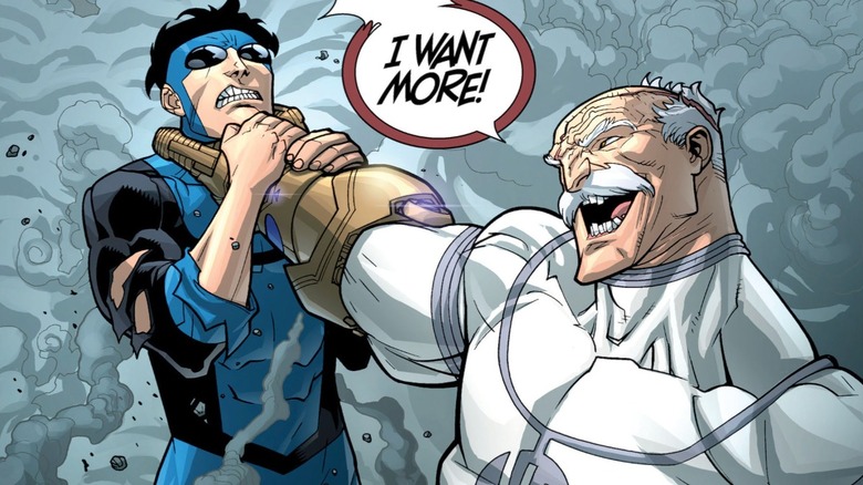 Conquest choking Invincible in the Invincible comics