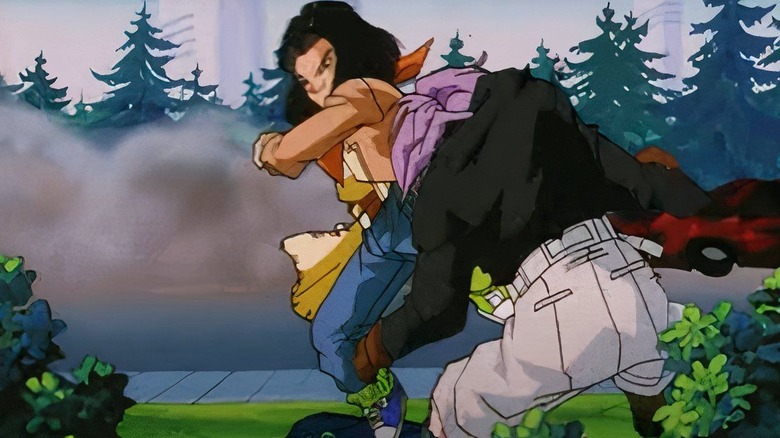 Android 17 kicks adult Trunks in Dragon Ball GT