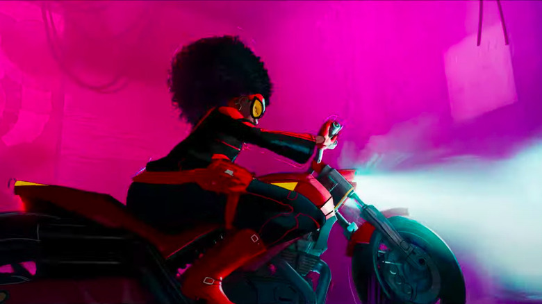 Spider-Woman rides her motorcycle in Spider-Man: Across the Spider-Verse