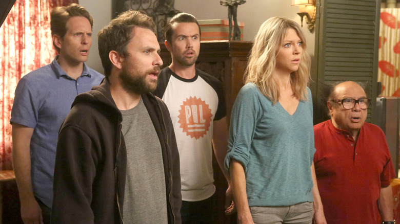 Glenn Howerton, Charlie Day, Rob McElhenney, Kaitlin Olson, and Danny DeVito in It's Always Sunny in Philadelphia