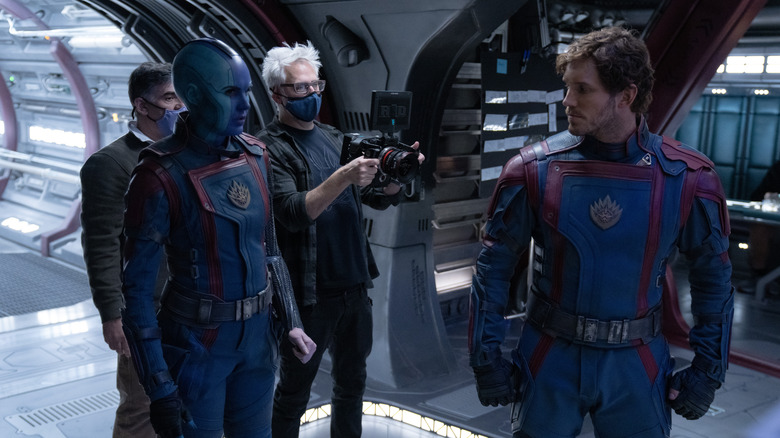 Karen Gillan, James Gunn, and Chris Pratt behind the scenes of Guardians of the Galaxy Vol. 3