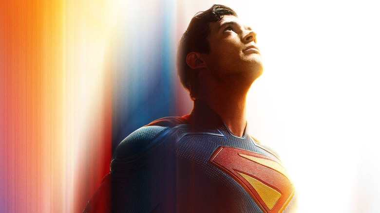 Superman looking up in the Superman (2025) poster