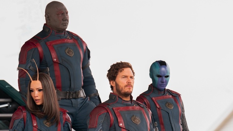 Pom Klementieff, Dave Bautista, Chris Pratt, and Karen Gillan in Guardians of the Galaxy Vol. 3. 