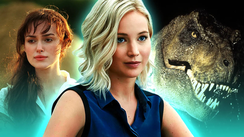 Keira Knightley from Pride & Prejudice, Jennifer Lawrence, and a dinosaur from Jurassic Park