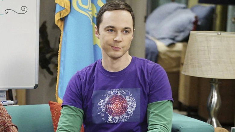 Sheldon sitting on a couch and smirking on The Big Bang Theory