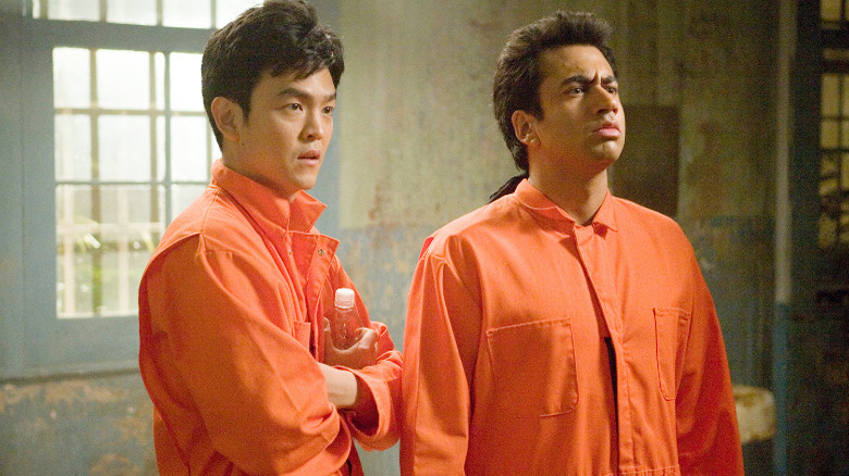 Harold and Kumar in orange prison jumpsuits