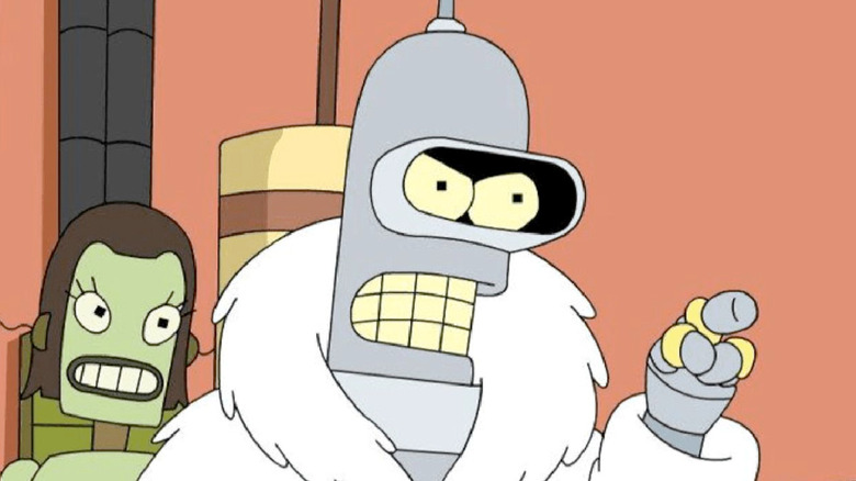 Bender wearing flashy rings and a fur coat.