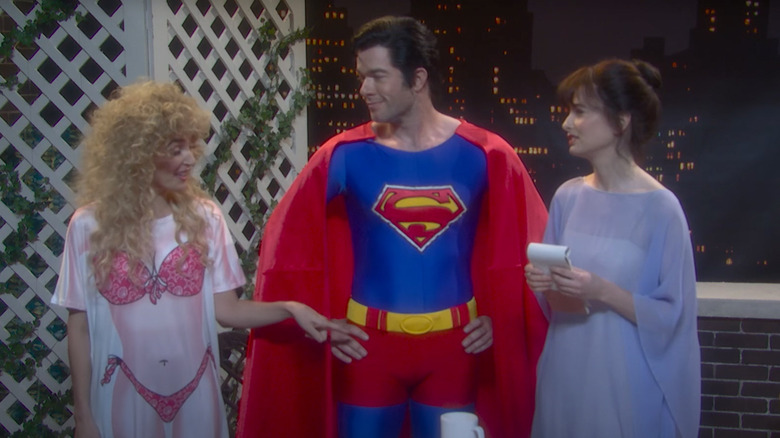 John Mulaney as Superman with Chloe Fineman as Glenn Bechamel and Sarah Sherman as Lois Lane on Saturday Night Live