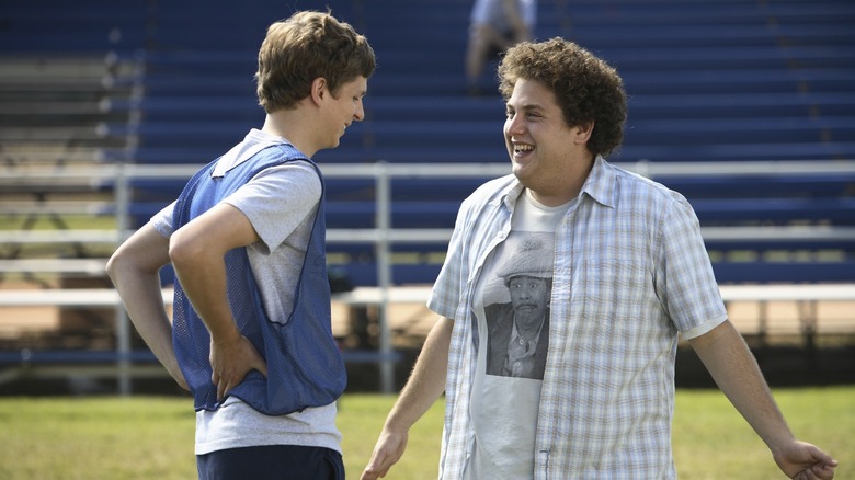 Michael Cera as Evan and Jonah Hill as Seth chat during gym class in Superbad