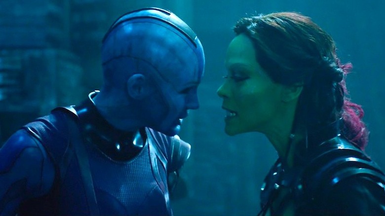 Karen Gillan as Nebula and Zoe Saldana as Gamora