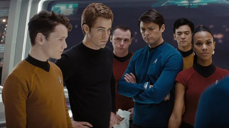 Anton Yelchin, Chris Pine, Simon Pegg, Karl Urban, John Cho, and Zoe Saldana in Star Trek 2009