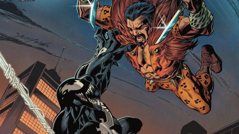 Kraven and Venom, two Spider-Man comic book villains turned film franchises, duke it out. 