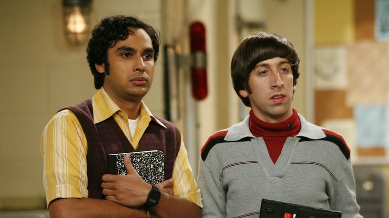 Raj and Howard looking at something off screen in The Big Bang Theory