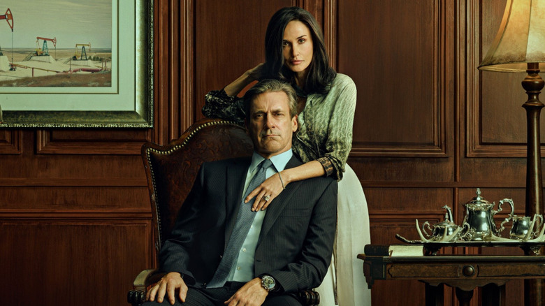 Demi Moore and Jon Hamm as Cami and Monty Miller posting for a portrait in Landman