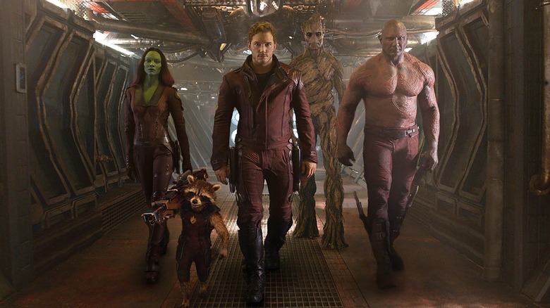 Zoe Saldana, Chris Pratt and Dave Bautista in Guardians of the Galaxy