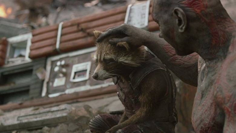 Dave Bautista and the CG Rocket Raccoon in Guardians of the Galaxy 