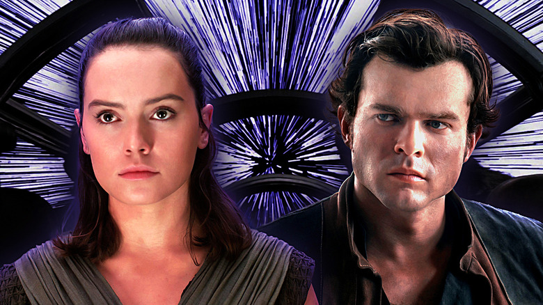 Daisy Ridley as Rey and Alden Ehrenreich as Han Solo from the Star Wars franchise