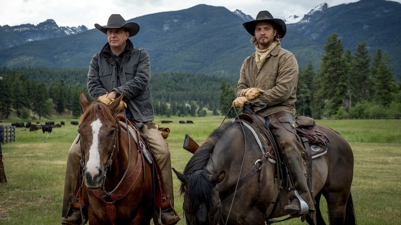 John and Kayce Dutton riding horses on Yellowstone