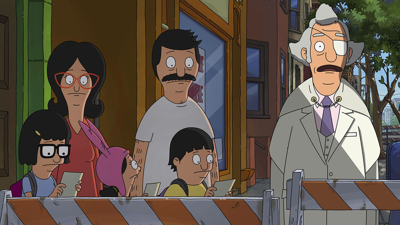 Tina, Linda, Louise, Bob, Gene and Mr. Fischoeder observing the remnants of a crime scene in The Bob's Burgers Movie