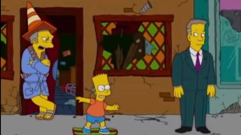 Moe and Russ Cargill watching Bart skateboard down the street in The Simpsons 