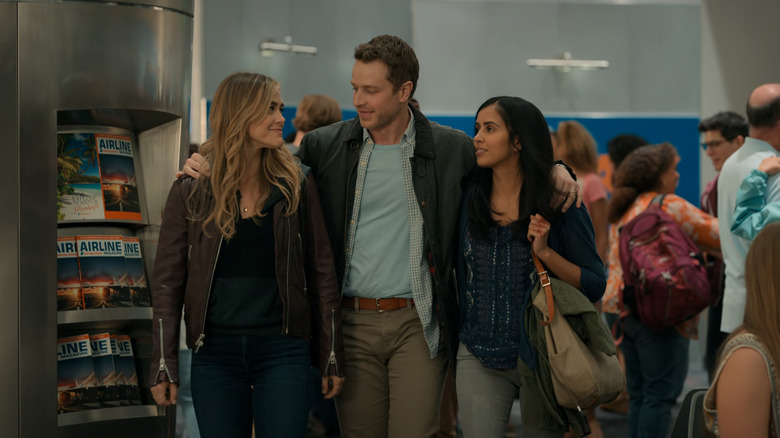 Melissa Roxburgh, Josh Dallas, and Parveen Kaur as Michaela, Ben, and Saanvi walking through the airport on Manifest