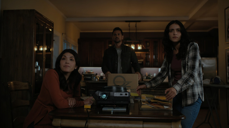 Ellen Tamaki, J. R. Ramirez, and Luna Blaise as Drea, Jared, and Olive looking shocked on Manifest