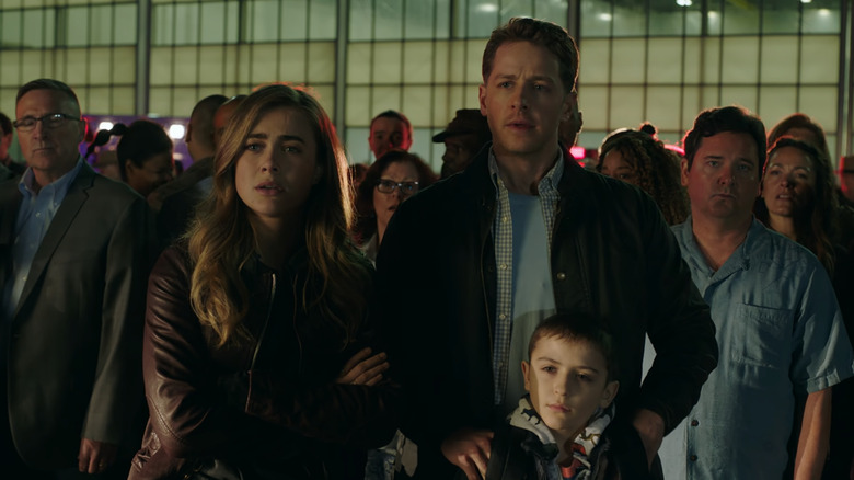 Melissa Roxburgh, Josh Dallas, and Jack Messina as Michaela, Ben, and Cal Stone await judgment on Manifest