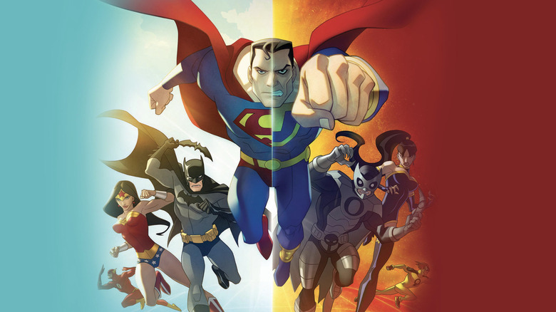 Flash, Wonder Woman, Batman, Superman/Ultraman split down the middle, Owlman, Superwoman, and Johnny Quick on the Justice League: Crisis on Two Earths DVD Cover