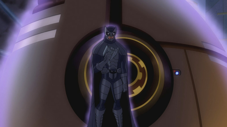 Owlman and the QED bomb jumping between universes in Justice League: Crisis on Two Earths