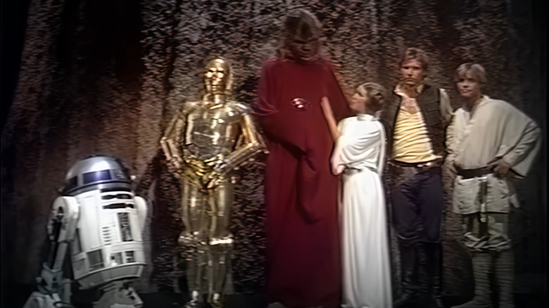 (Not Kenny Baker), Anthony Daniels, Peter Mayhew, Carrie Fisher, Harrison Ford, and Mark Hamill in The Star Wars Holiday Special