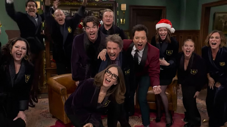 A group of celebrities welcoming Martin Short into Saturday Night Live's Five-Timers Club