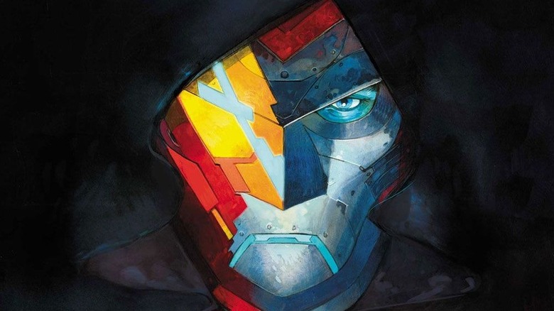 Infamous Iron Man #1 cover showing Doctor Doom in half Iron Man mask