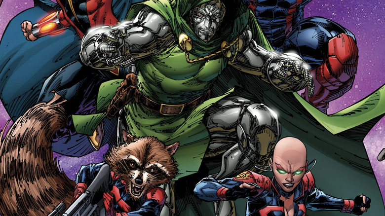 Doctor Doom posing with the Guardians of the Galaxy Rocket Raccoon and Moondragon