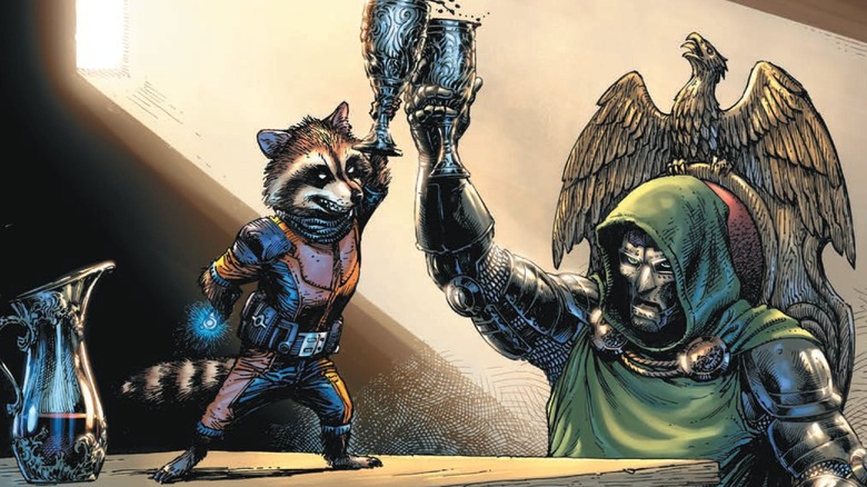 Marvel Comics Rocket Raccoon and Doctor Doom sharing a toast