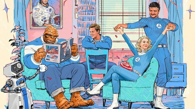 The Thing, Human Torch, Invisible Woman, and Reed Richards hanging out in their living room with HERBIE the robot in the Fantastic Four: First Steps poster