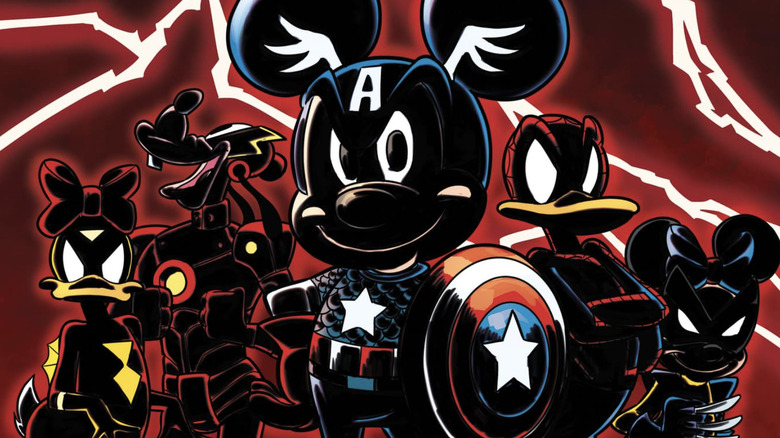 Mickey Mouse as Captain America, Daisy Duck as Spider-Woman, Donald Duck as Spider-Man, Minnie Mouse as Wolverine, and Goofy as Iron Man in Marvel's Avengers parody cover