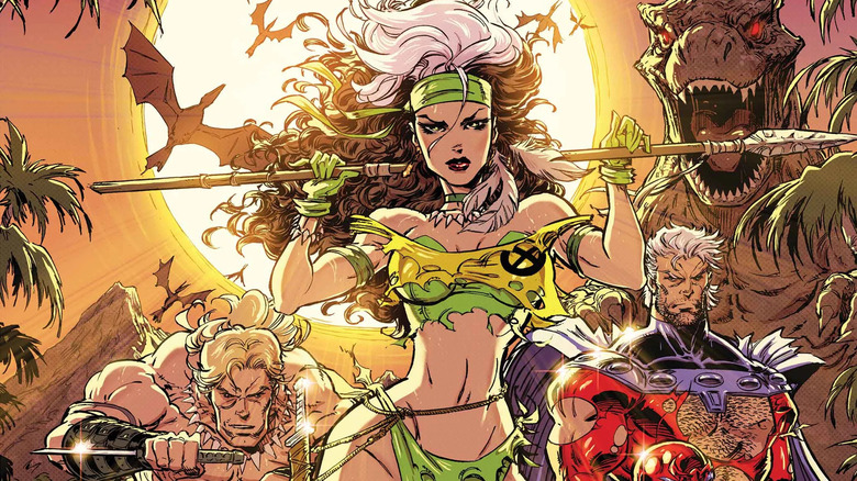 Rogue: Savage Land #1 cover with Ka-Zar, Rogue, and Magneto, with T-Rex in background