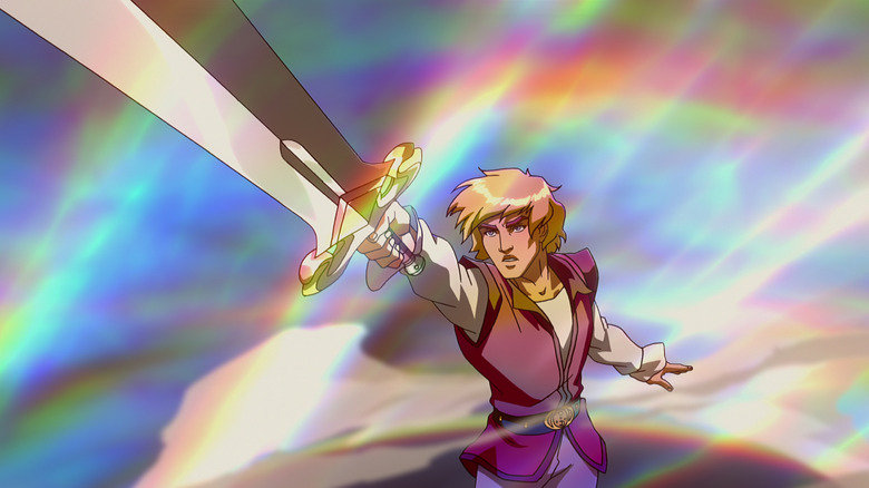 Prince Adam covered his sword and turns into a ha-man in the masters of the Netflix Universe: Revolution