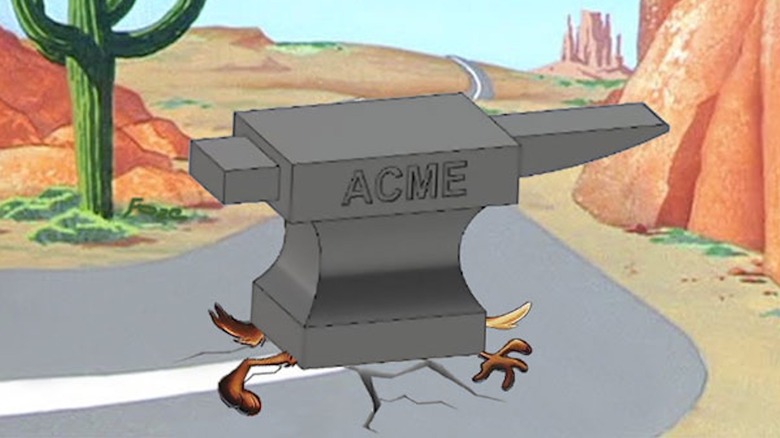 Wile E. Coyote dihancurkan oleh landasan dalam kartun Looney Tunes