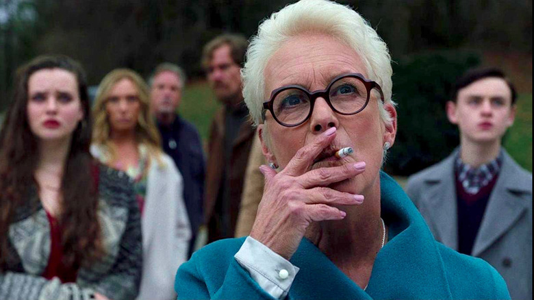 Jamie Lee Curtis smokes a cigarette in Knives Out