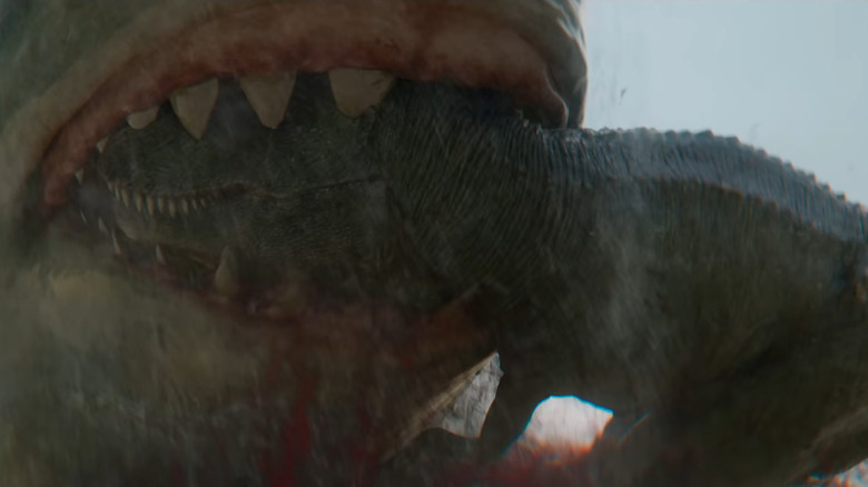 Meg 2: The Trench shark eating T-rex