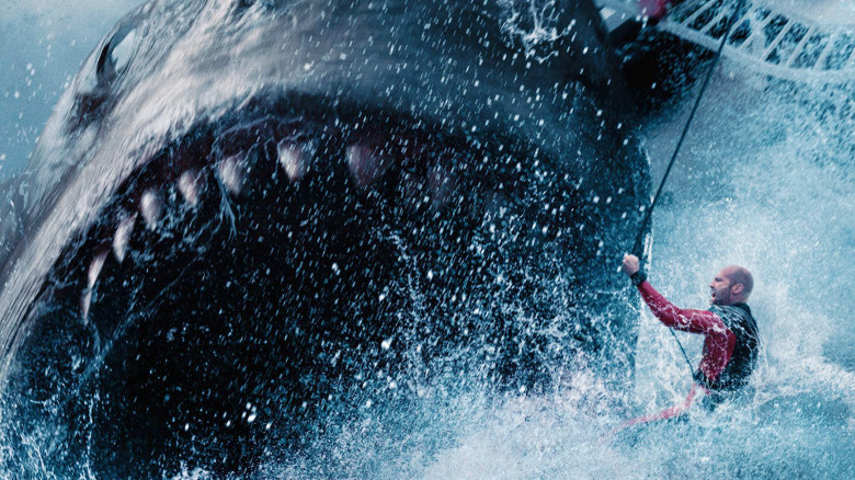 Jason Statham battling a giant shark in The Meg