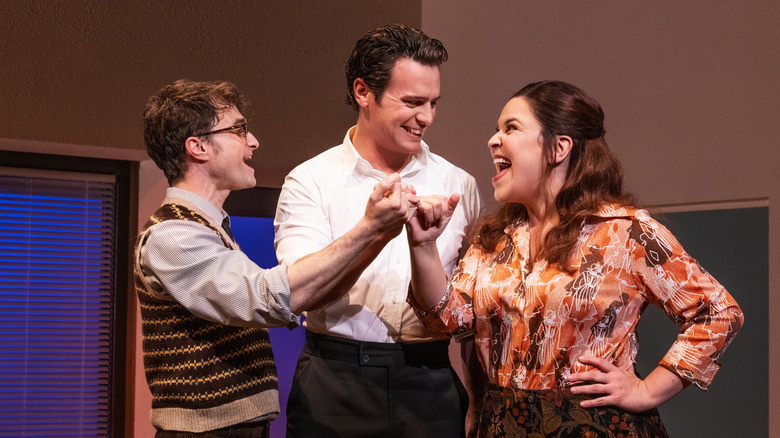 Merrily We Roll Along's Lindsay Mendez, Jonathan Groff, and Daniel Radcliffe singing together